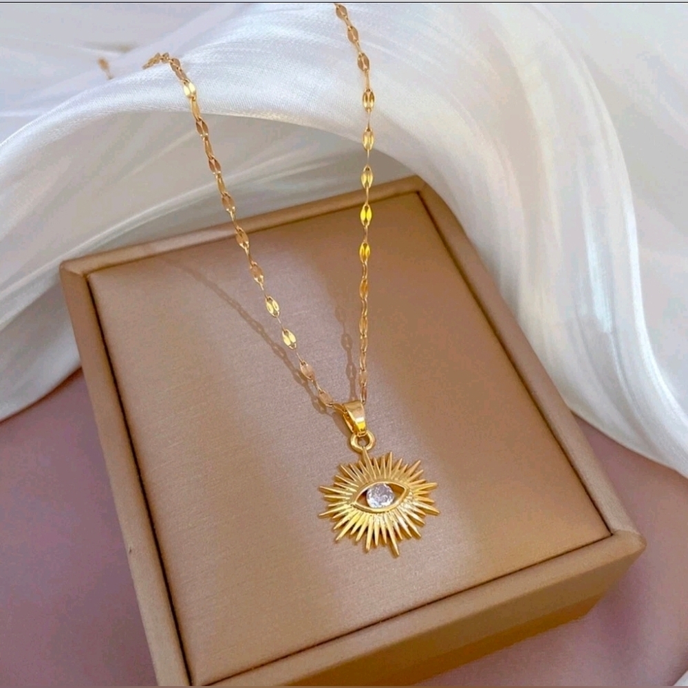 Gold Sunburst Pendant Necklace 14k Gold Plated
